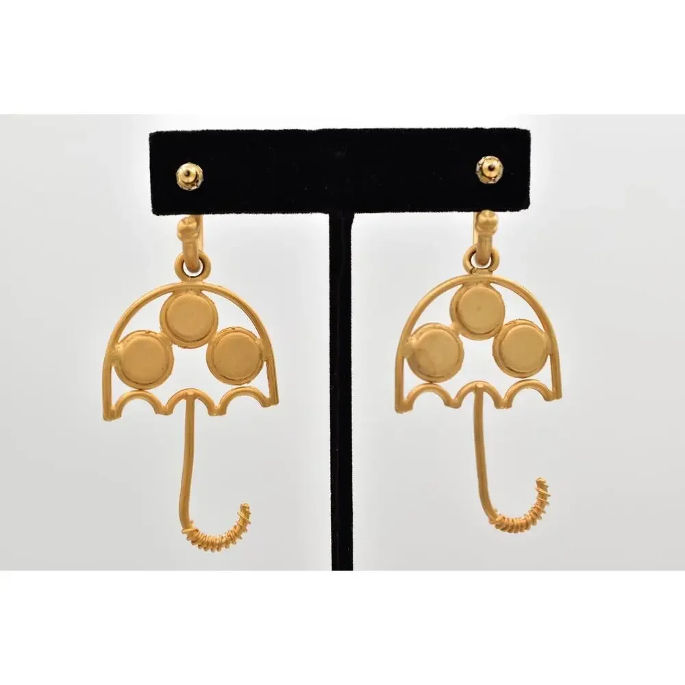 Vintage Cabochon Umbrella Dangle Earrings Brushed Gold Matte NOS 1980s BinBK